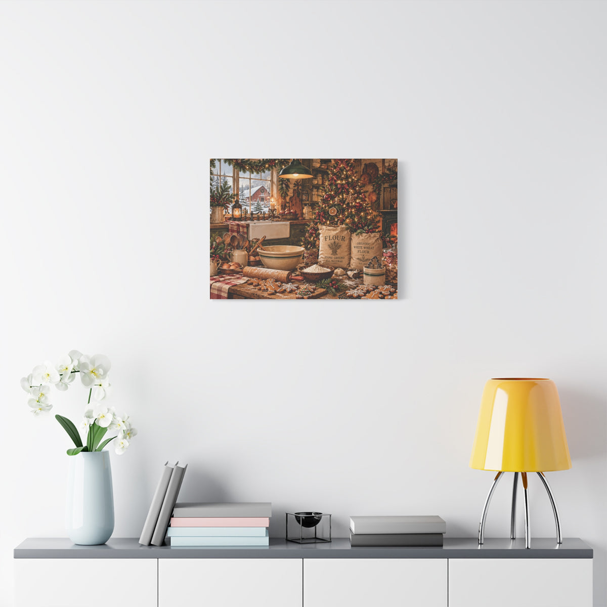 Christmas Kitchen Canvas Wall Art — Cozy Holiday Baking Scene, Rustic Farmhouse Holiday Decor