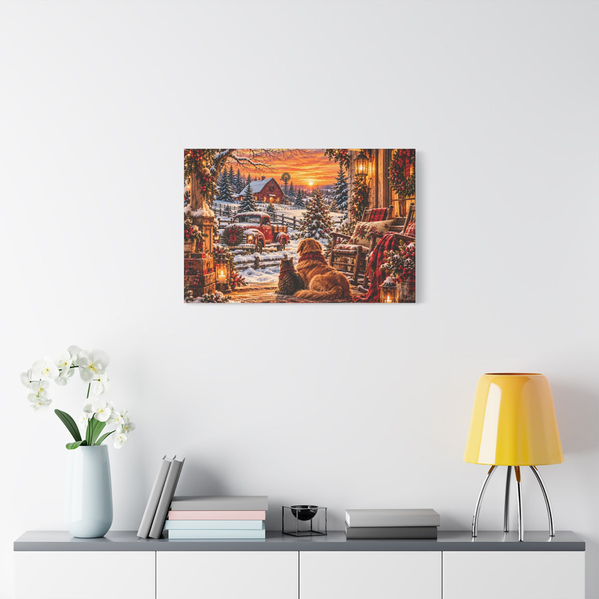 Snowy Winter Porch Scene with Dog & Cat-Christmas Farmhouse Canvas Print