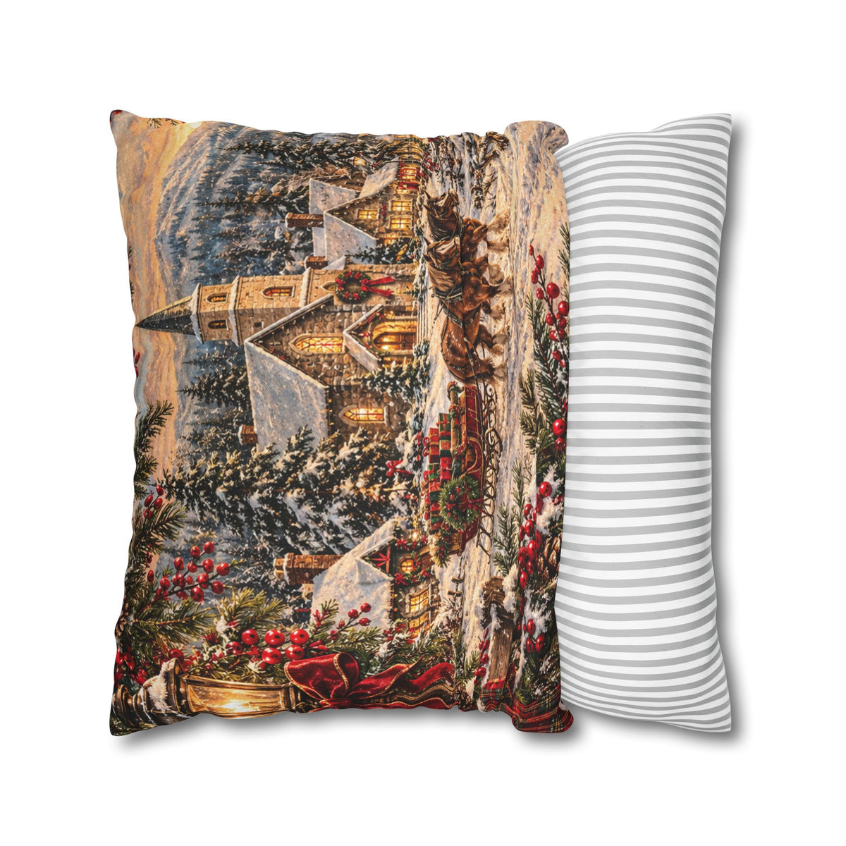 Christmas Village Horse-Drawn Sleigh Decorative Pillowcase