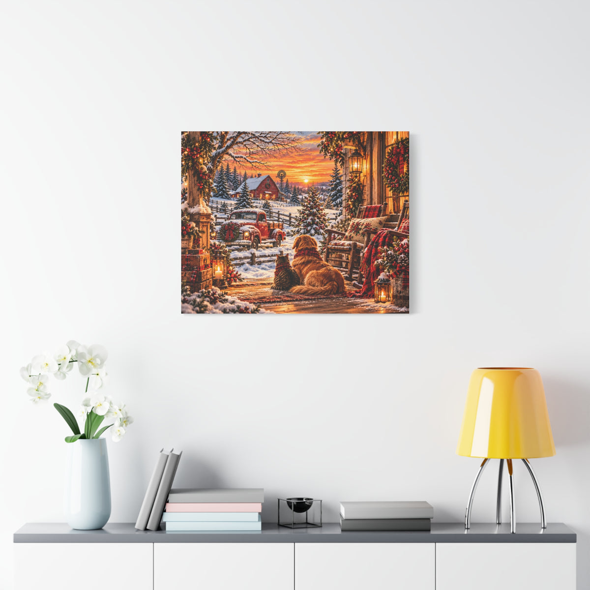 Snowy Winter Porch Scene with Dog & Cat-Christmas Farmhouse Canvas Print
