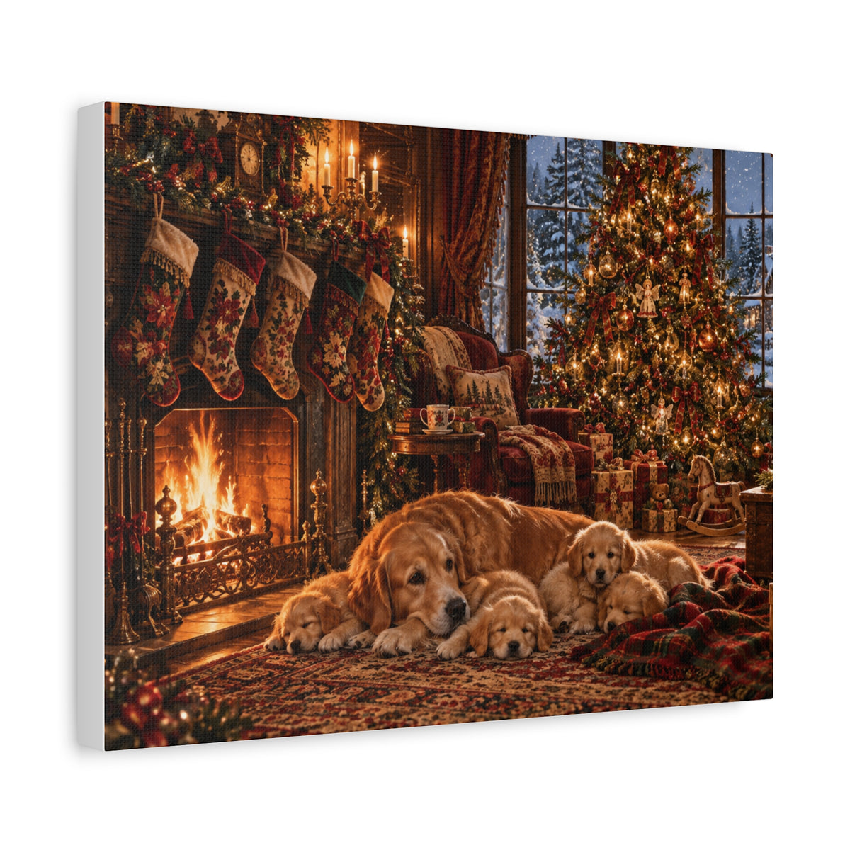 Cozy Christmas Dogs by the Fireplace Canvas Wall Art
