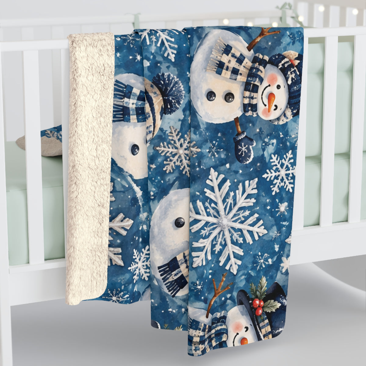 Snowman Sherpa Blanket — Cozy Blue Snowflake Fleece Throw for Winter & Holidays
