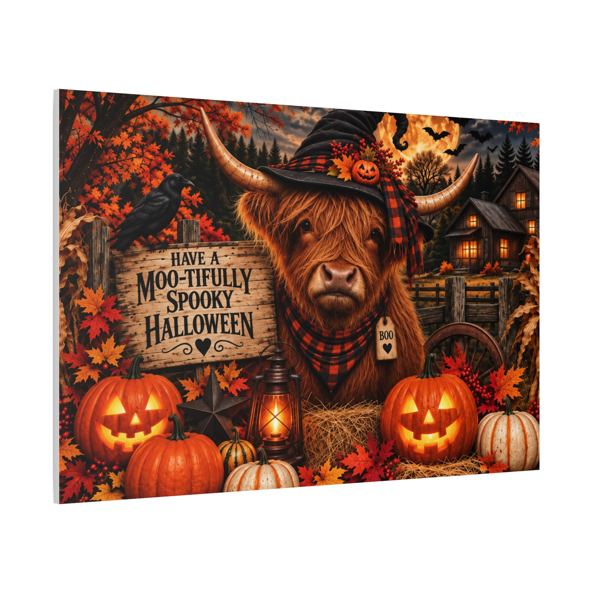 Halloween Highland Cow Canvas – "Have a Moo-tifully Spooky Halloween" Matte Stretched Wall Art