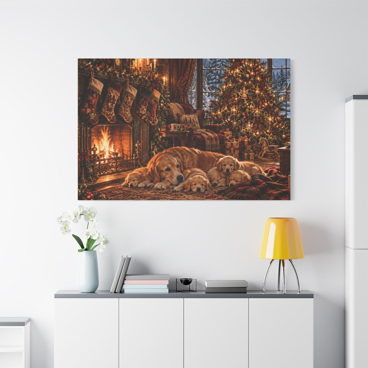Cozy Christmas Dogs by the Fireplace Canvas Wall Art