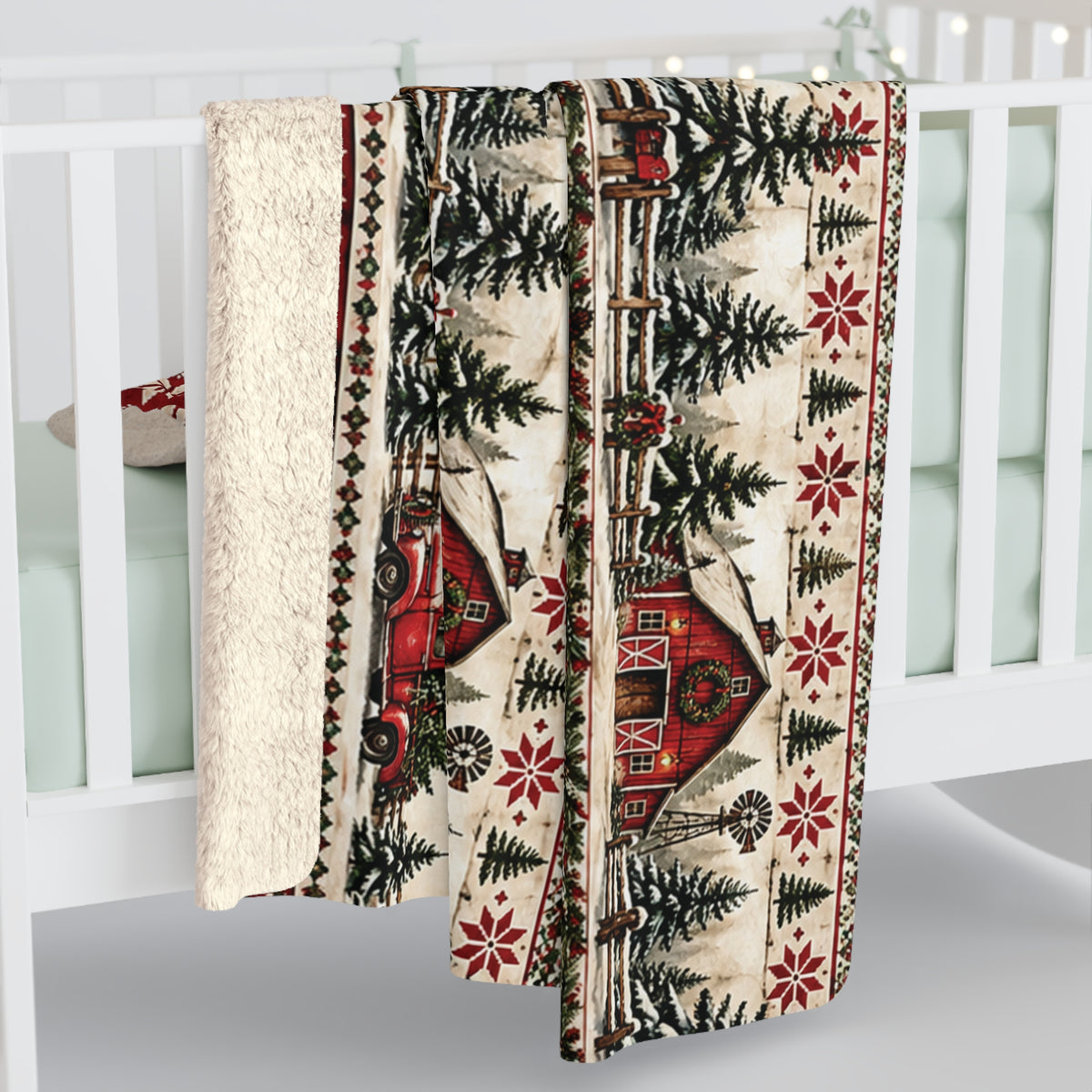 Rustic Red Christmas Truck and Barn Sherpa Blanket – Cozy Cabin Christmas Fleece
