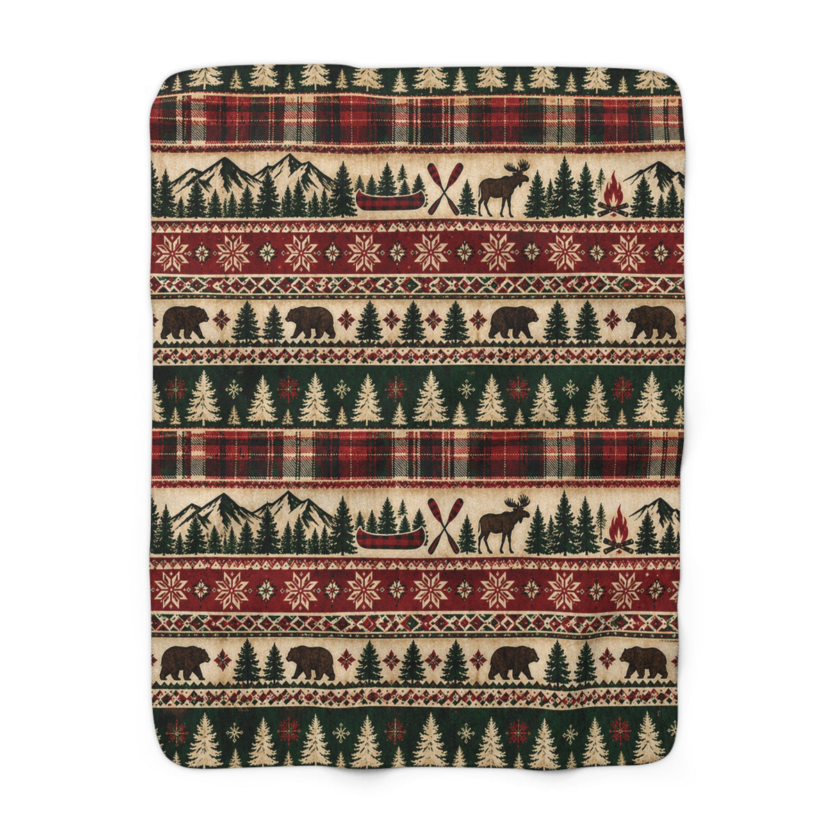 Rustic Lodge Sherpa Blanket — Cabin Plaid with Moose, Bears & Pine Trees