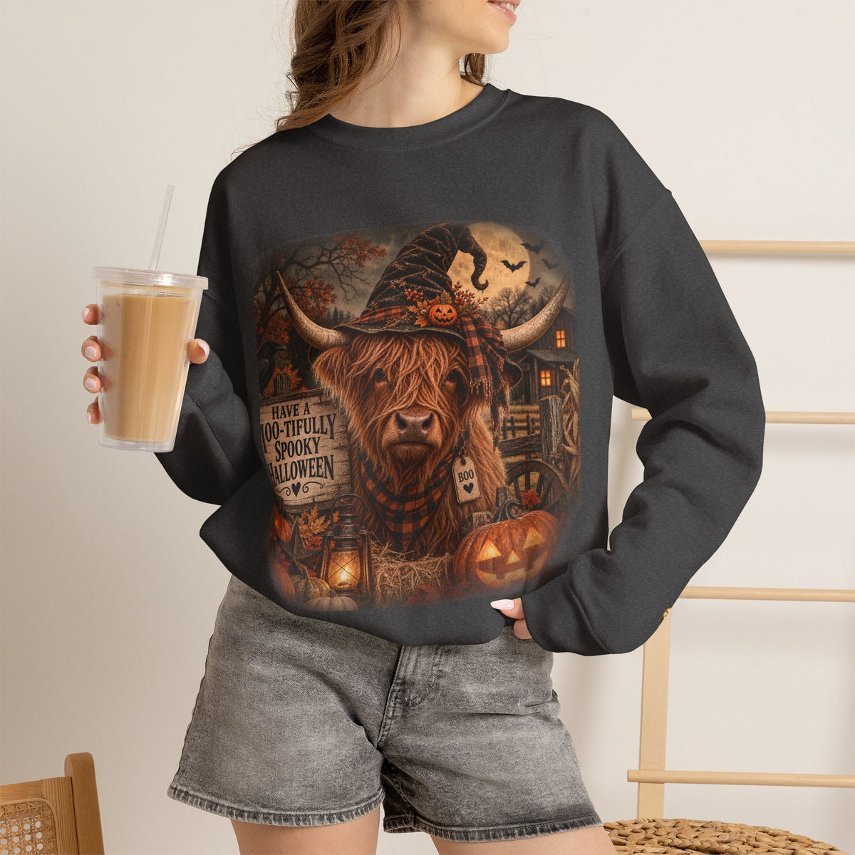 Halloween Highland Cow Sweatshirt – "Have a Moo-tifully Spooky Halloween" Crewneck-Flour and Foundry Mercantile Co.
