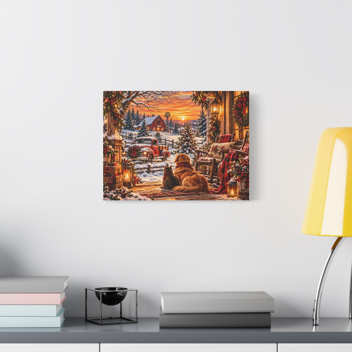 Snowy Winter Porch Scene with Dog & Cat-Christmas Farmhouse Canvas Print