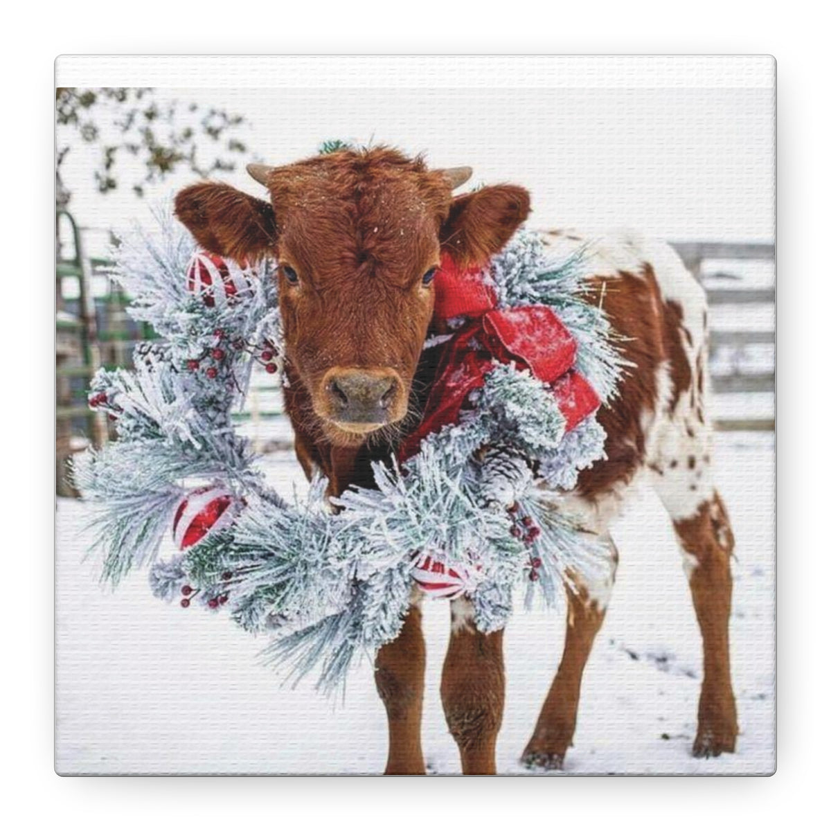 Holiday Calf Canvas Print — Festive Cow with Wreath Wall Art