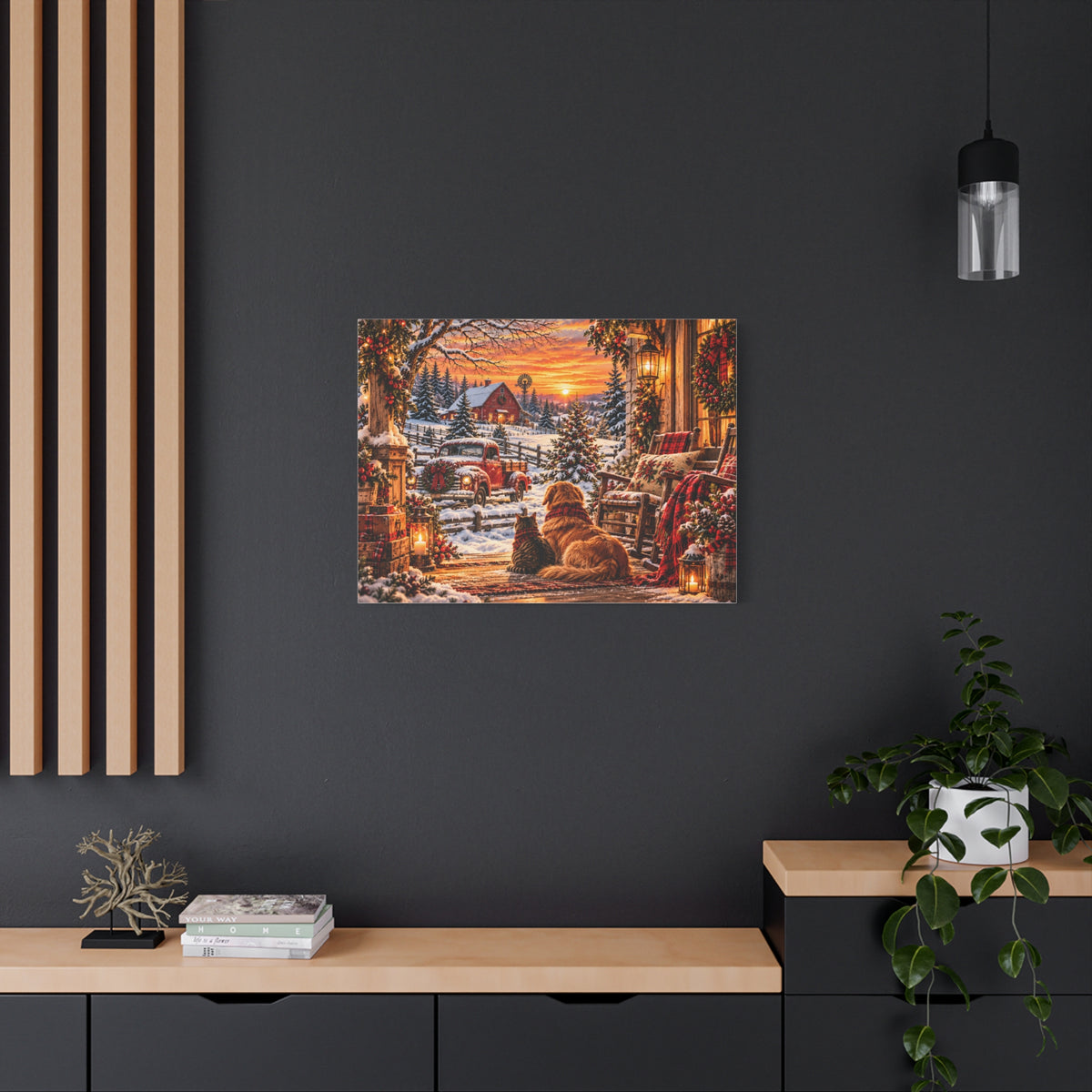 Snowy Winter Porch Scene with Dog & Cat-Christmas Farmhouse Canvas Print