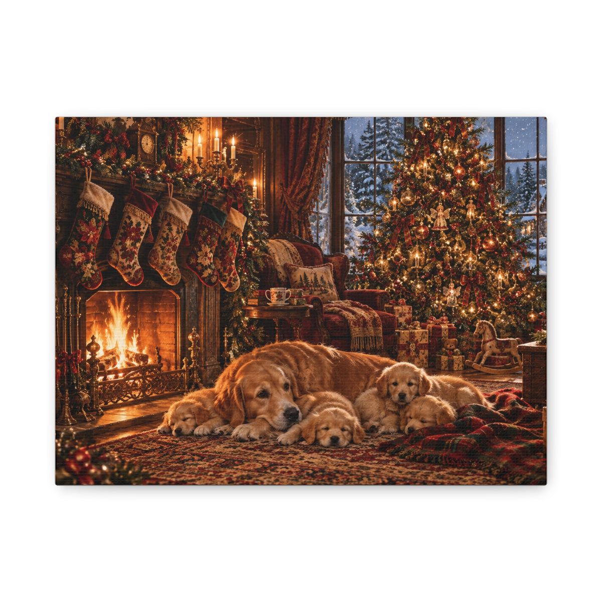 Cozy Christmas Dogs by the Fireplace Canvas Wall Art