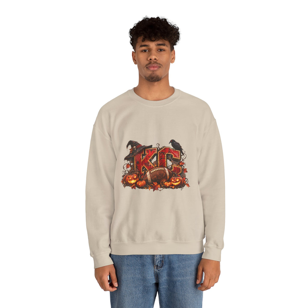 KC Halloween Crewneck Sweatshirt — Haunted Pumpkin Football Design-Flour and Foundry Meercantile Co.