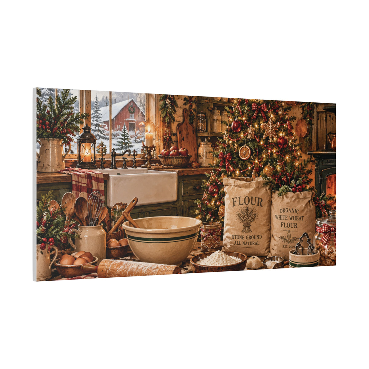 Christmas Kitchen Canvas Wall Art — Cozy Holiday Baking Scene, Rustic Farmhouse Holiday Decor