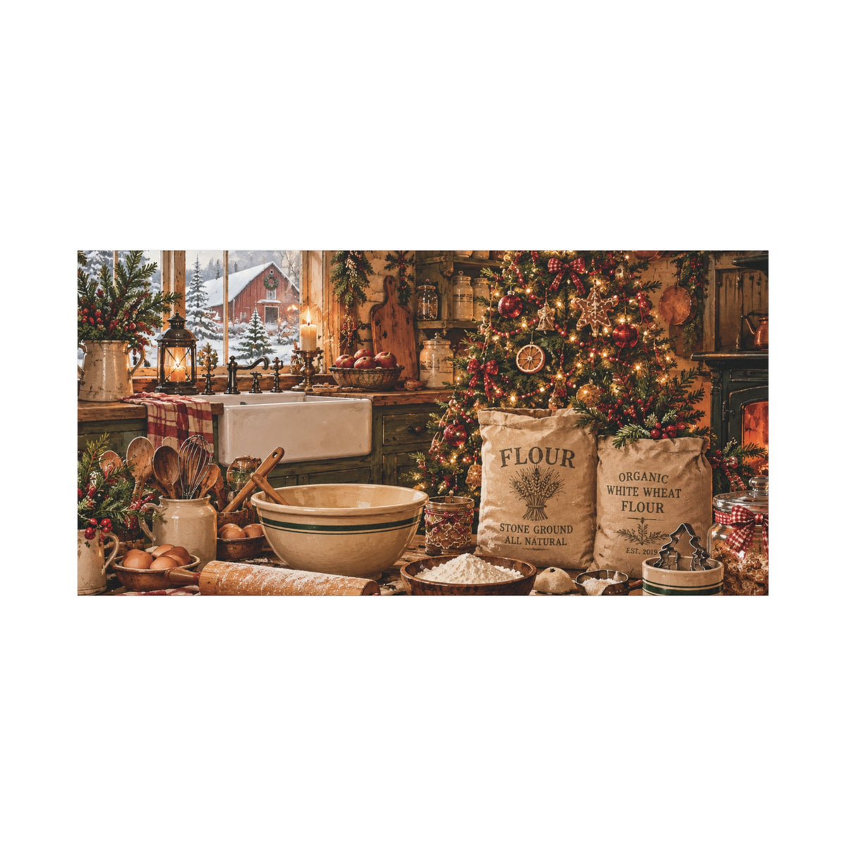 Christmas Kitchen Canvas Wall Art — Cozy Holiday Baking Scene, Rustic Farmhouse Holiday Decor