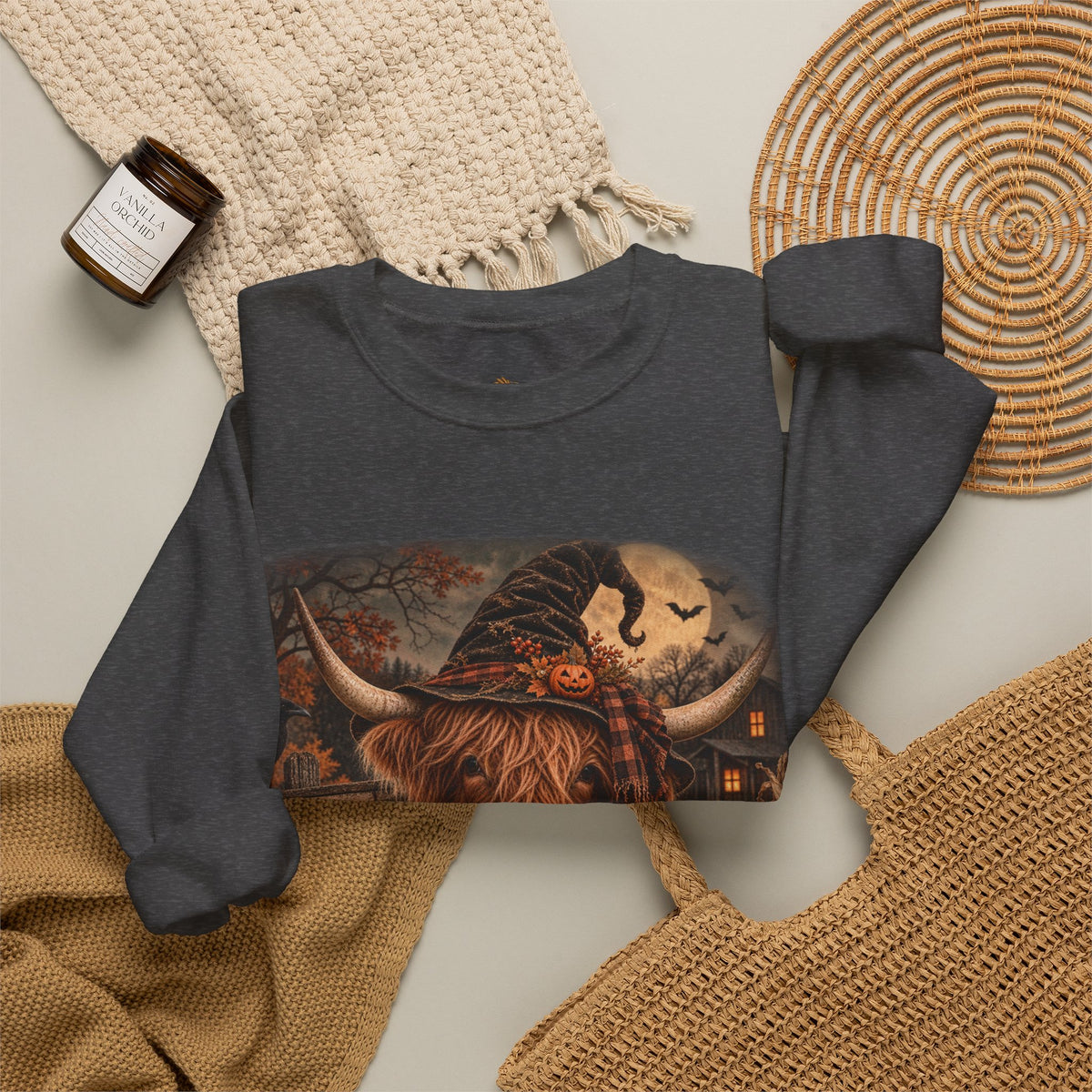 Halloween Highland Cow Sweatshirt – "Have a Moo-tifully Spooky Halloween" Crewneck-Flour and Foundry Mercantile Co.