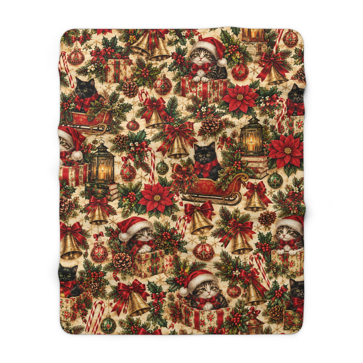 Christmas Poinsettia & Kitten Santa Sherpa Blanket — Festive Holiday Throw