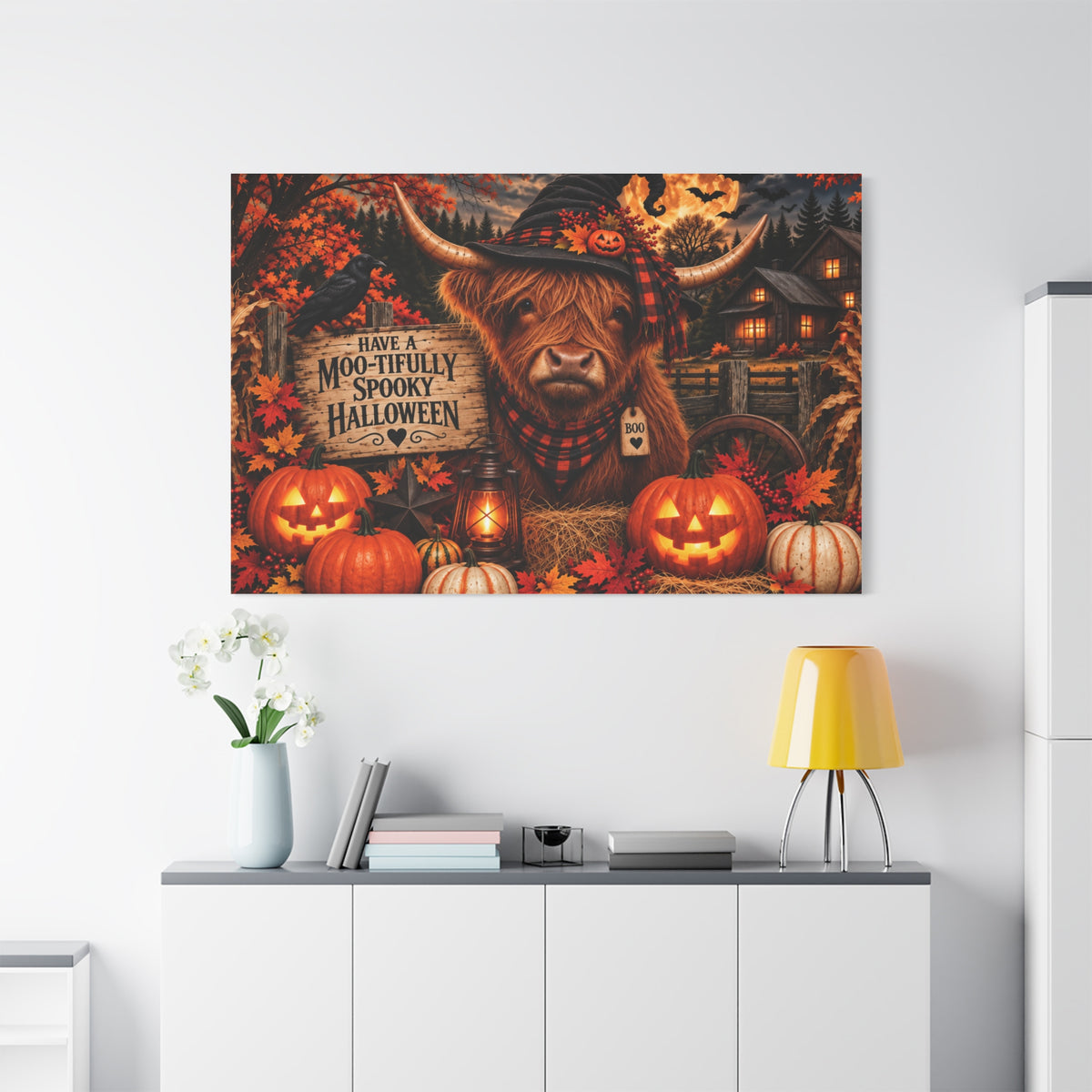 Halloween Highland Cow Canvas – "Have a Moo-tifully Spooky Halloween" Matte Stretched Wall Art