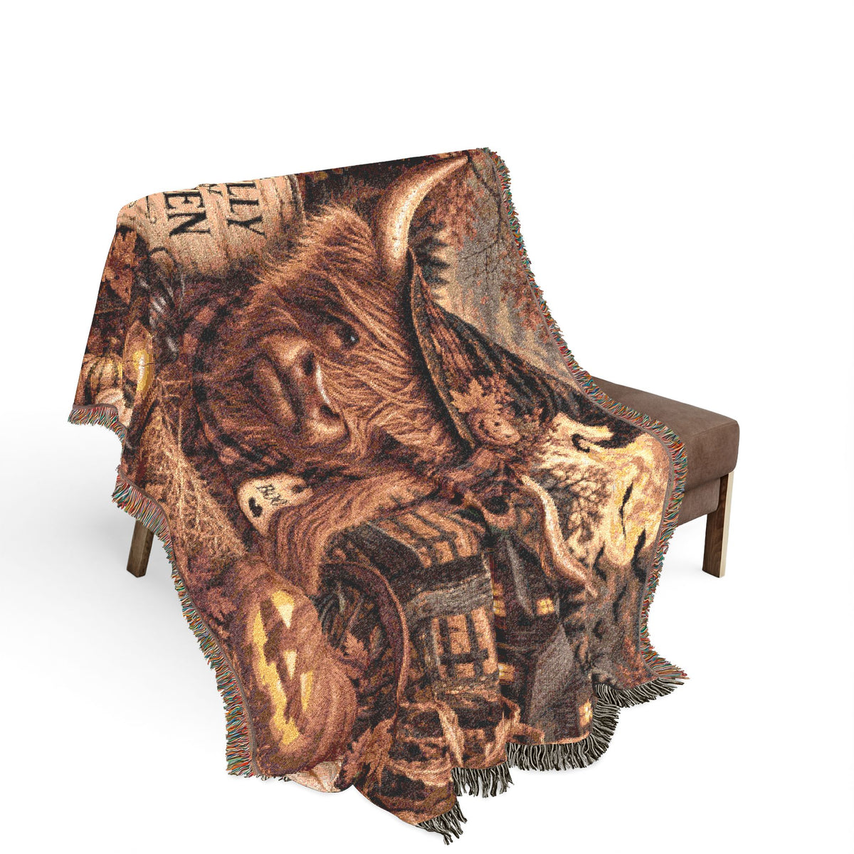 Highland Cow Witch Woven Blanket | Halloween Pumpkin Farm Throw