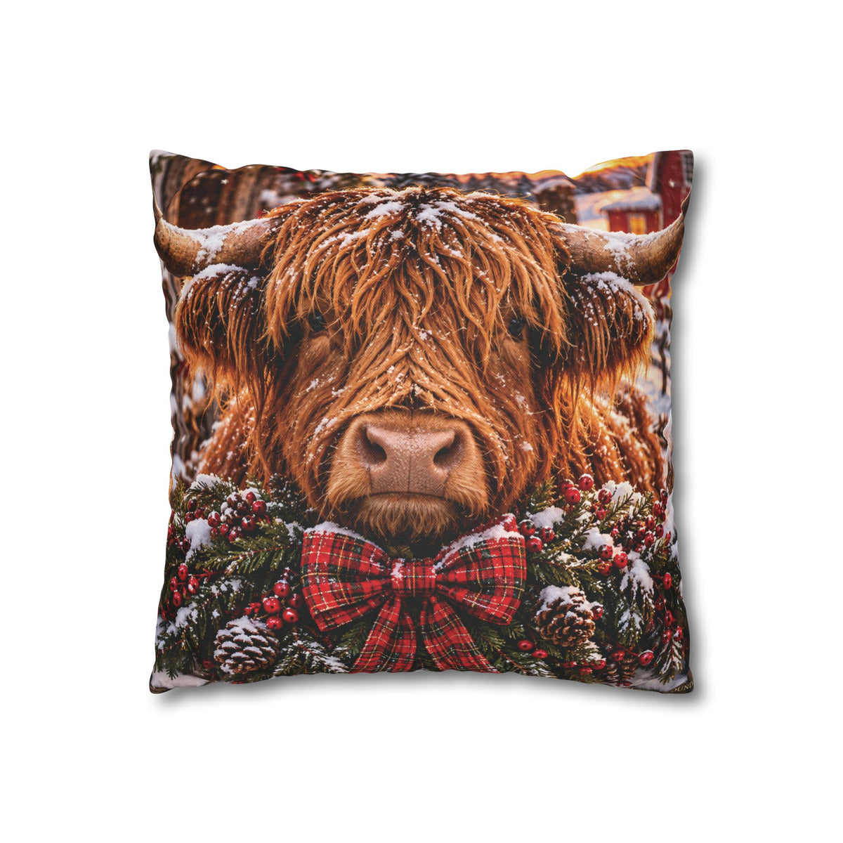 Christmas Barn and Cow Double Sided Pillowcase — Rustic Holiday Throw Pillow Cover
