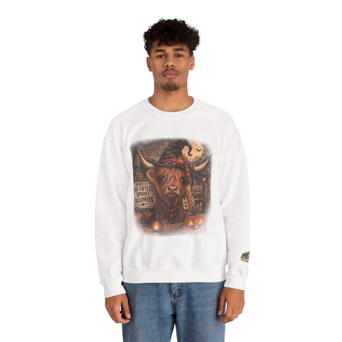 Halloween Highland Cow Sweatshirt – "Have a Moo-tifully Spooky Halloween" Crewneck-Flour and Foundry Mercantile Co.