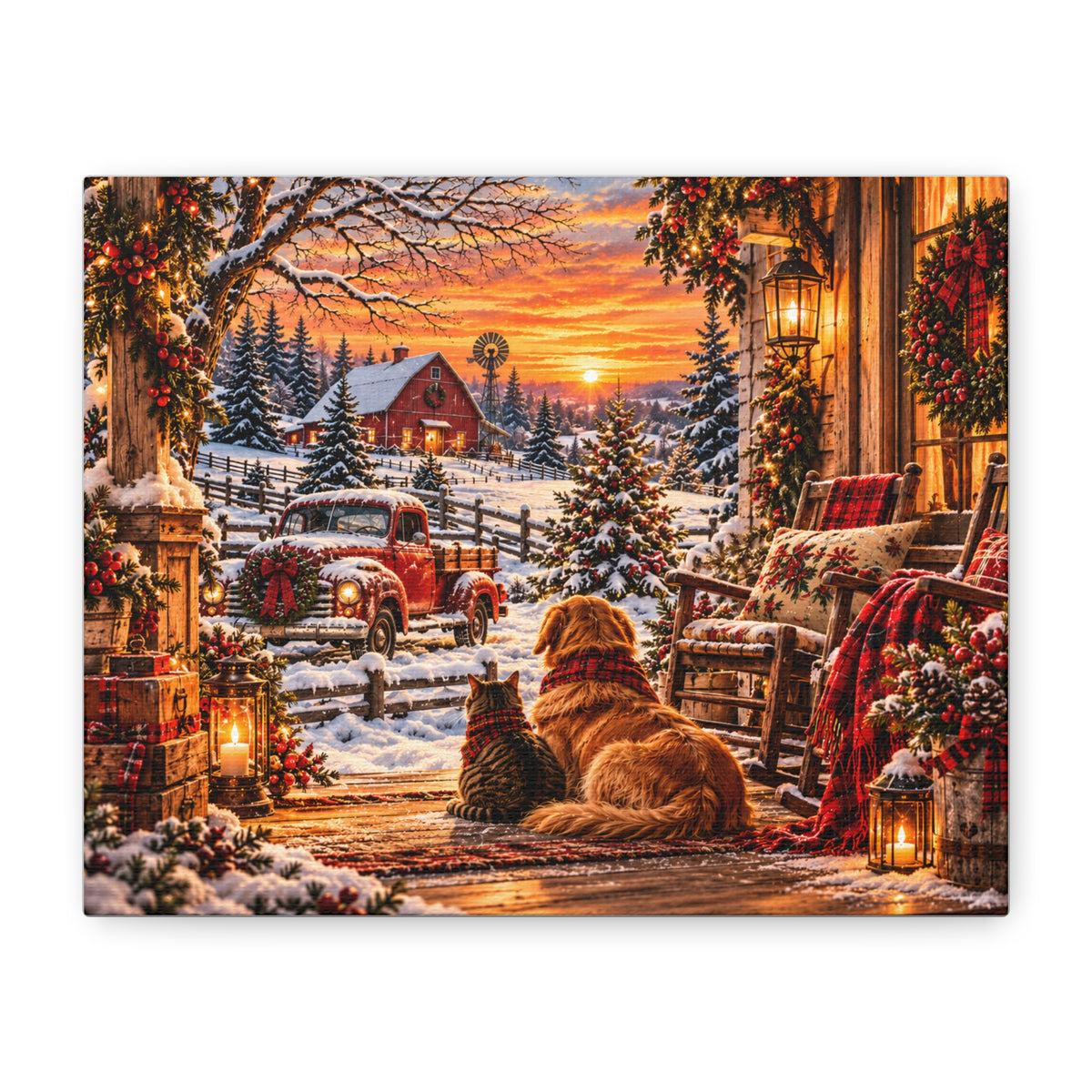 Snowy Winter Porch Scene with Dog & Cat-Christmas Farmhouse Canvas Print