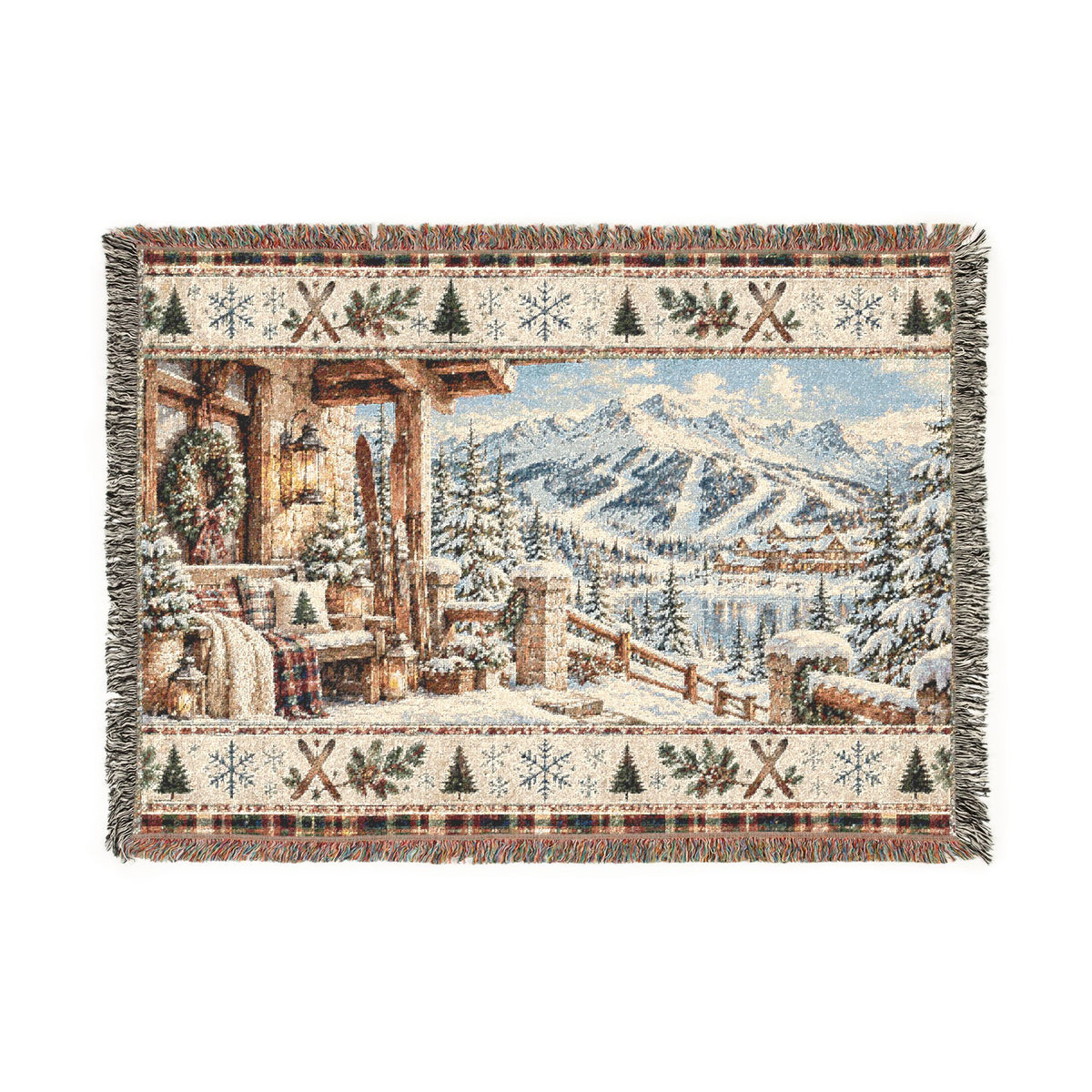 Vintage Ski Lodge Woven Blanket – Rustic Mountain Cabin Winter Throw