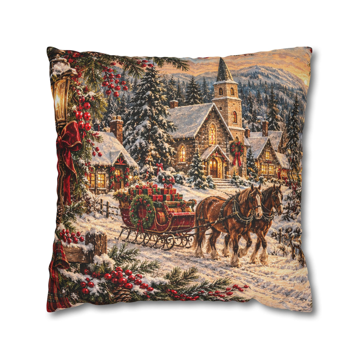 Christmas Village Horse-Drawn Sleigh Decorative Pillowcase