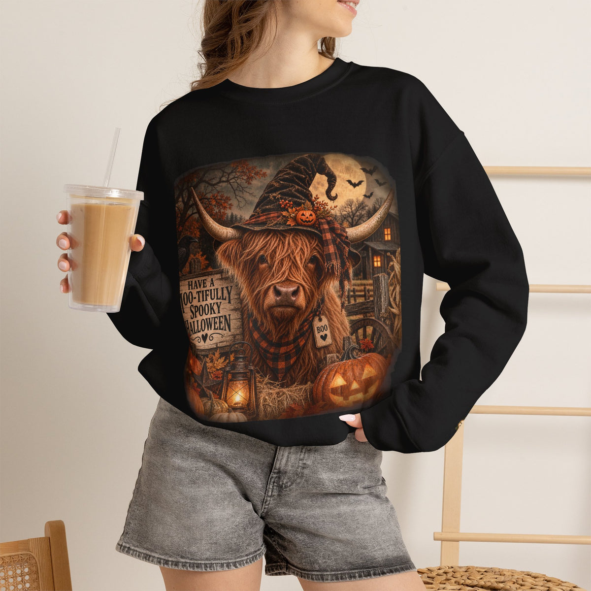 Halloween Highland Cow Sweatshirt – "Have a Moo-tifully Spooky Halloween" Crewneck-Flour and Foundry Mercantile Co.