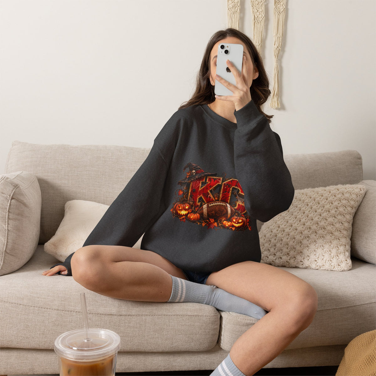 KC Halloween Crewneck Sweatshirt — Haunted Pumpkin Football Design-Flour and Foundry Meercantile Co.
