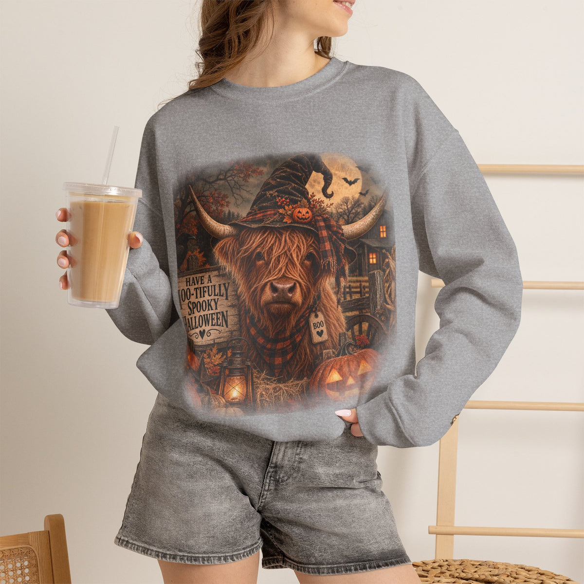 Halloween Highland Cow Sweatshirt – "Have a Moo-tifully Spooky Halloween" Crewneck-Flour and Foundry Mercantile Co.