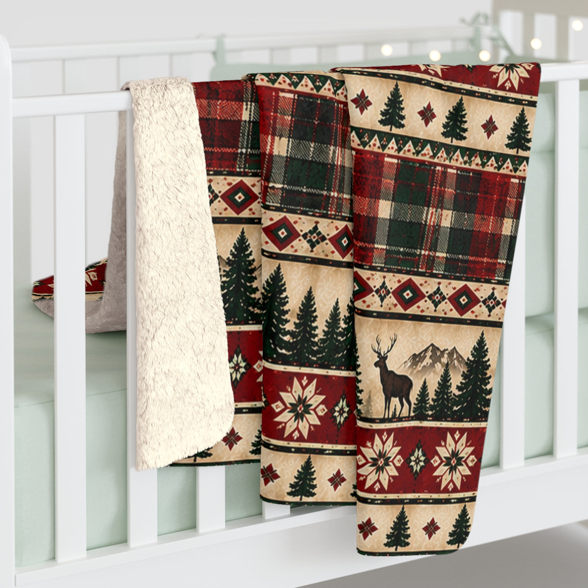 Plaid, Deer & Pine Holiday Fleece Throw-Rustic Lodge Sherpa Blanket