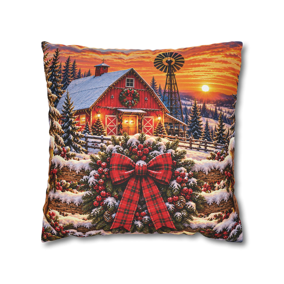 Christmas Barn and Cow Double Sided Pillowcase — Rustic Holiday Throw Pillow Cover