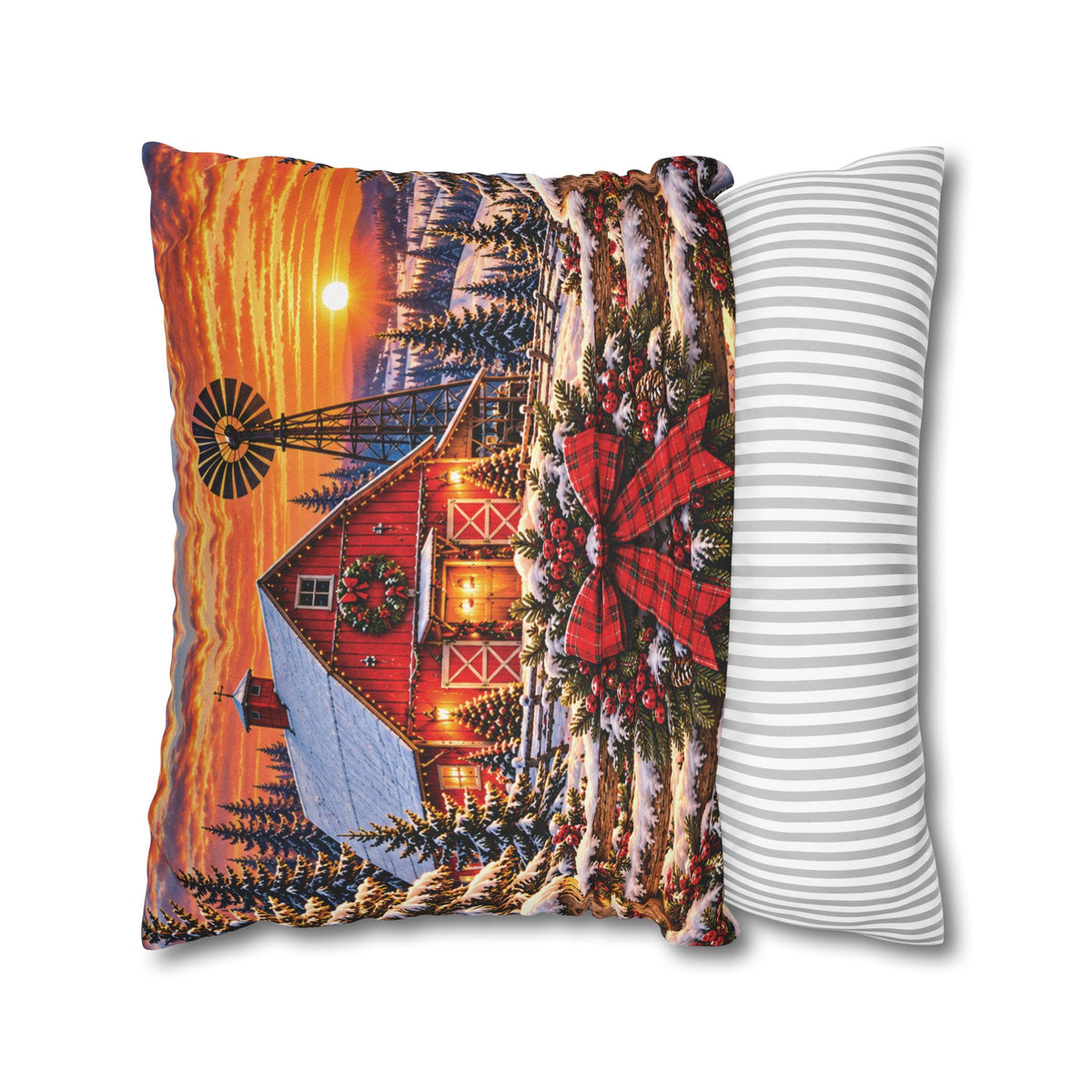 Christmas Barn and Cow Double Sided Pillowcase — Rustic Holiday Throw Pillow Cover