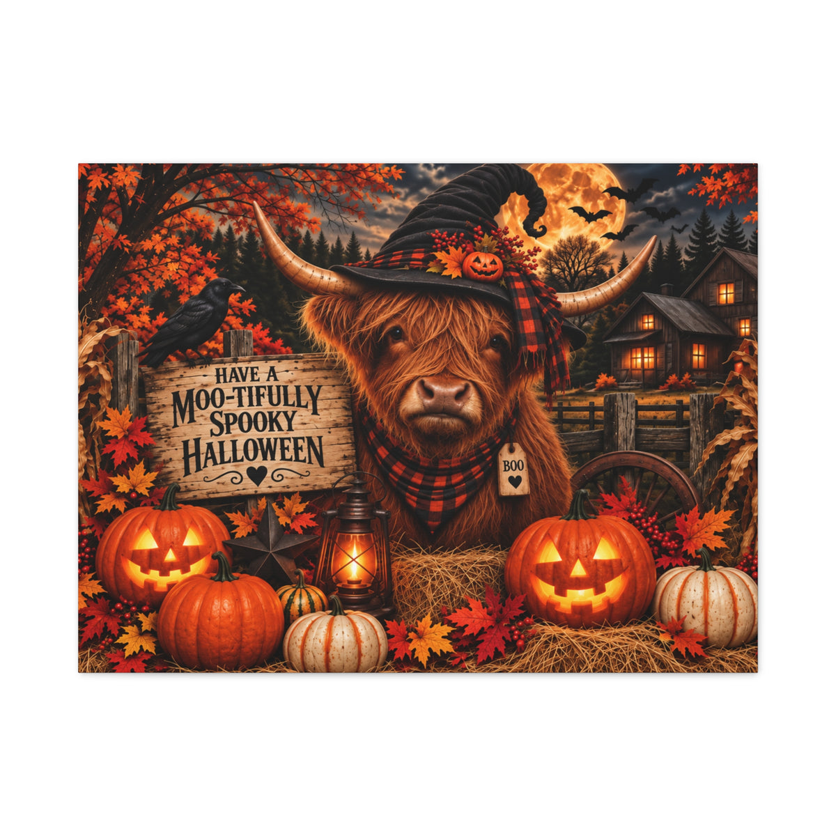 Halloween Highland Cow Canvas – "Have a Moo-tifully Spooky Halloween" Matte Stretched Wall Art