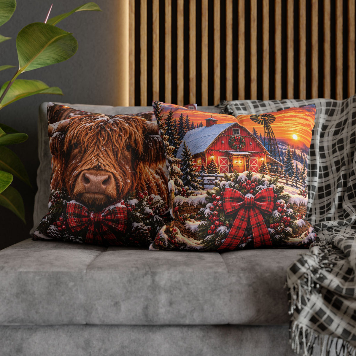 Christmas Barn and Cow Double Sided Pillowcase — Rustic Holiday Throw Pillow Cover