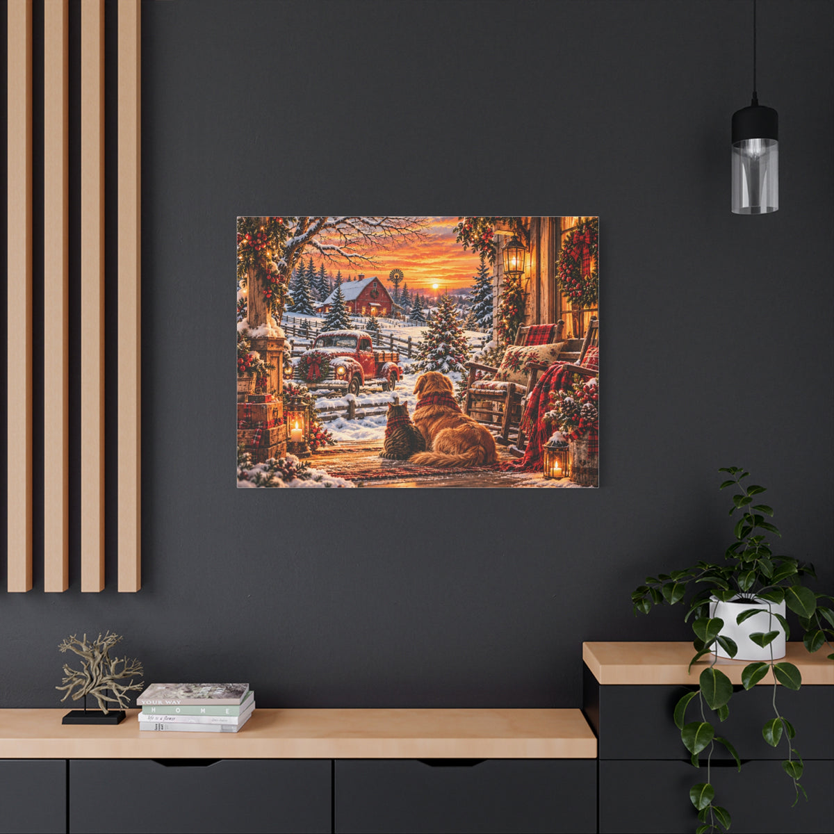 Snowy Winter Porch Scene with Dog & Cat-Christmas Farmhouse Canvas Print