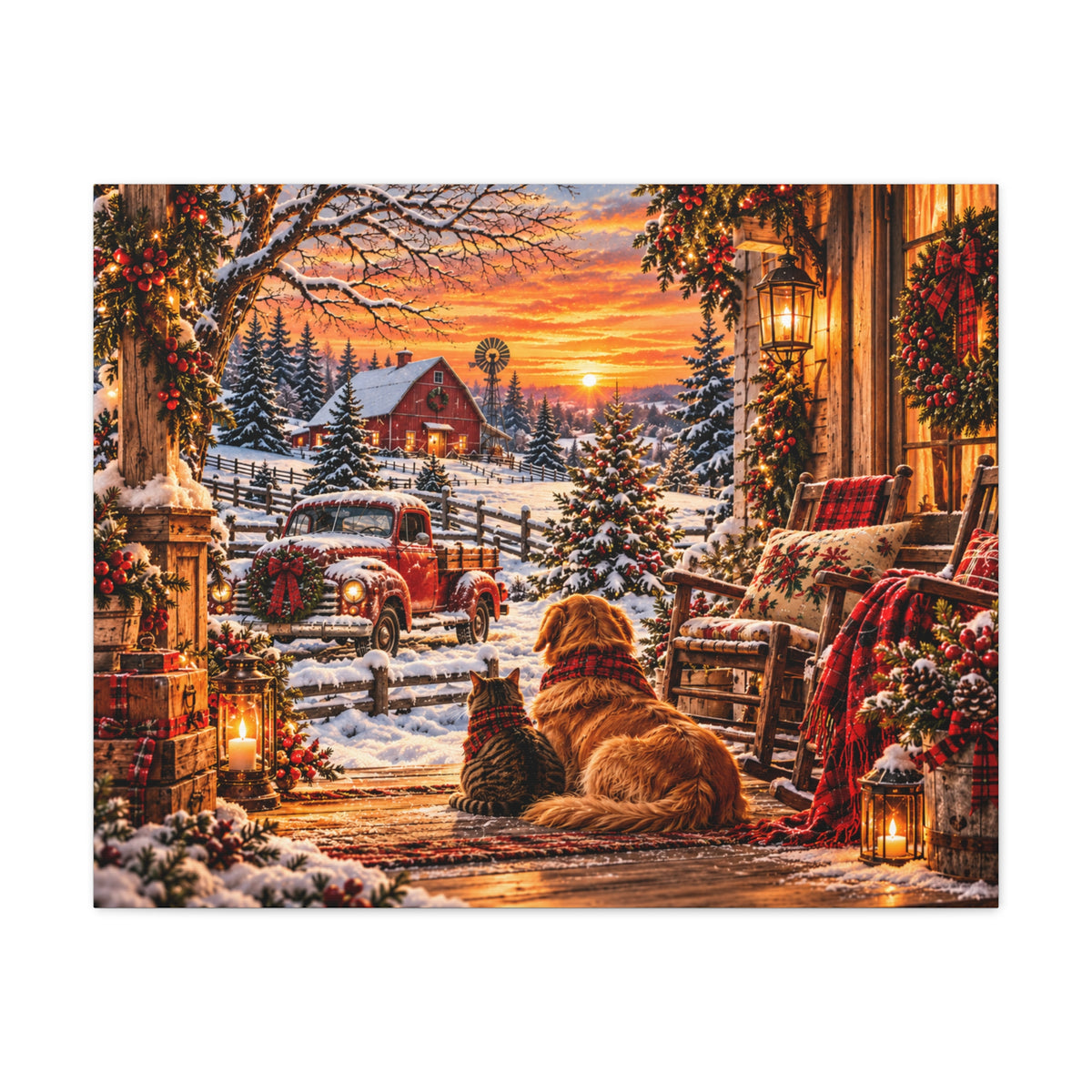 Snowy Winter Porch Scene with Dog & Cat-Christmas Farmhouse Canvas Print