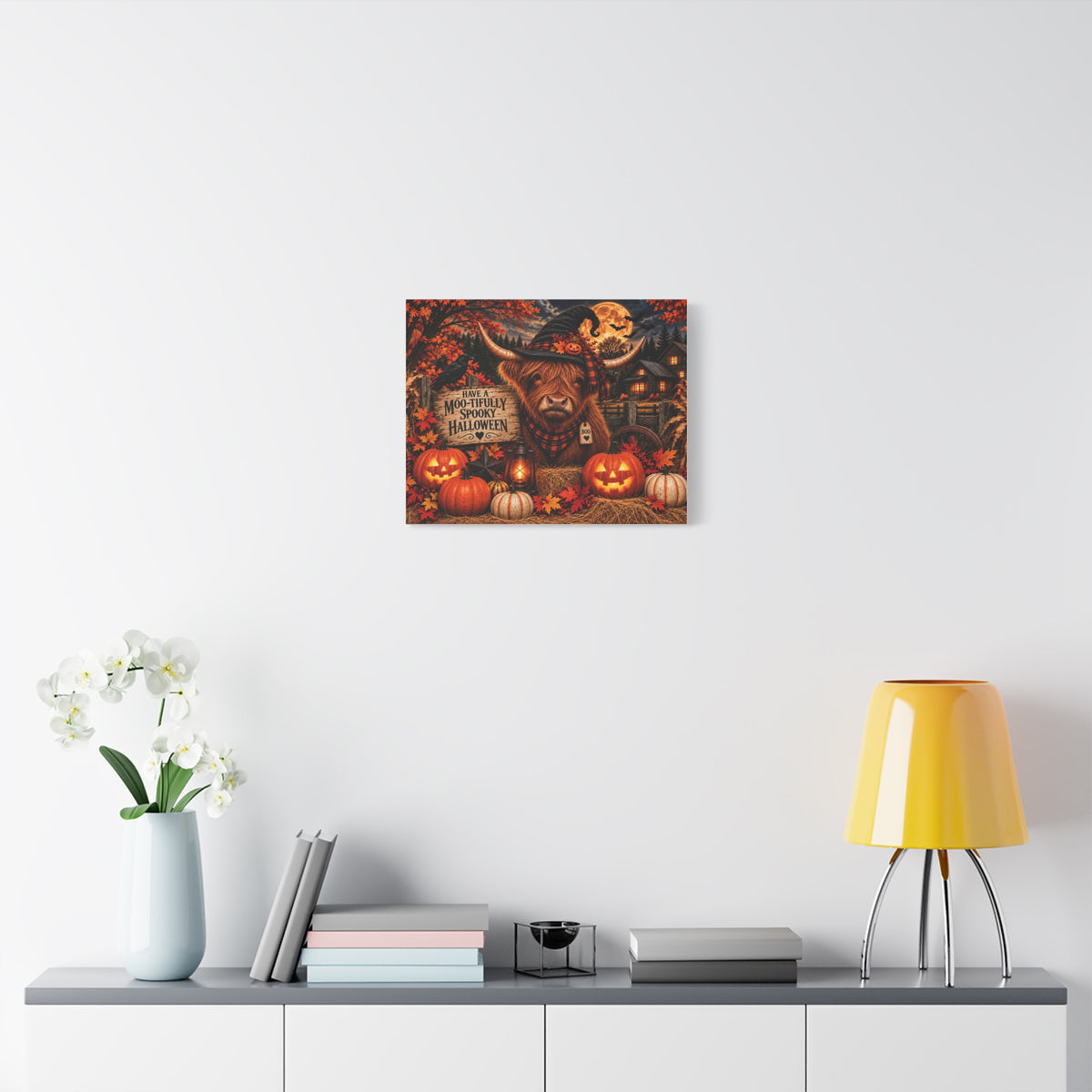 Halloween Highland Cow Canvas – "Have a Moo-tifully Spooky Halloween" Matte Stretched Wall Art