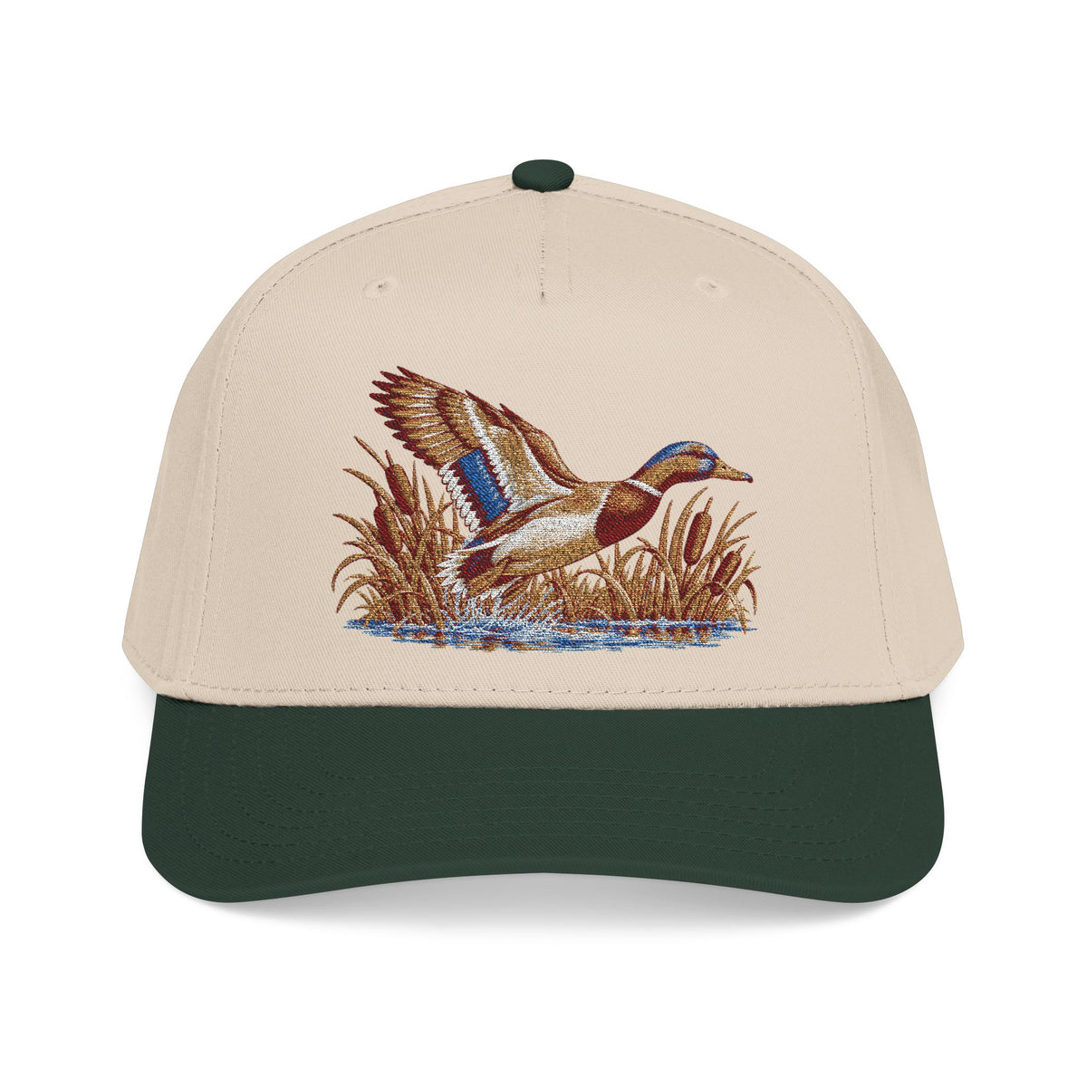 Flying Mallard Duck Mid Profile Baseball Cap | Embroidered Waterfowl Design