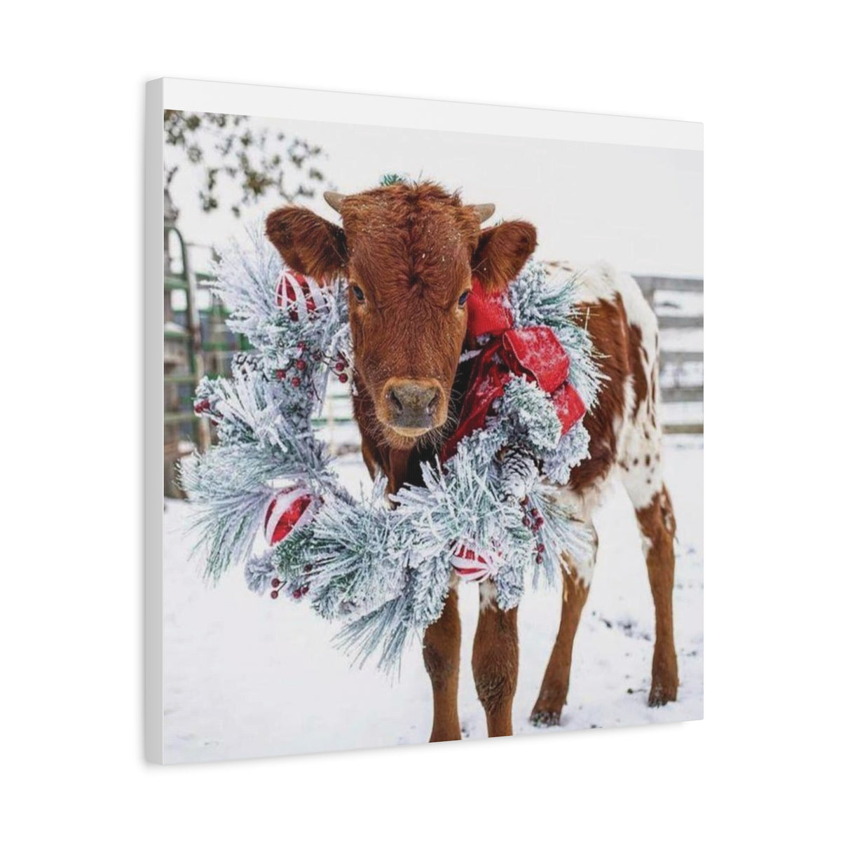 Holiday Calf Canvas Print — Festive Cow with Wreath Wall Art