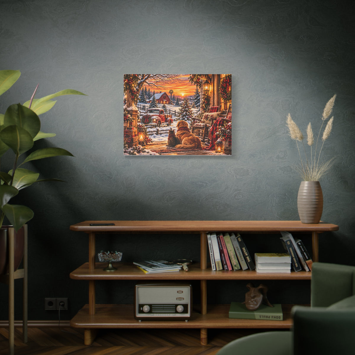 Snowy Winter Porch Scene with Dog & Cat-Christmas Farmhouse Canvas Print