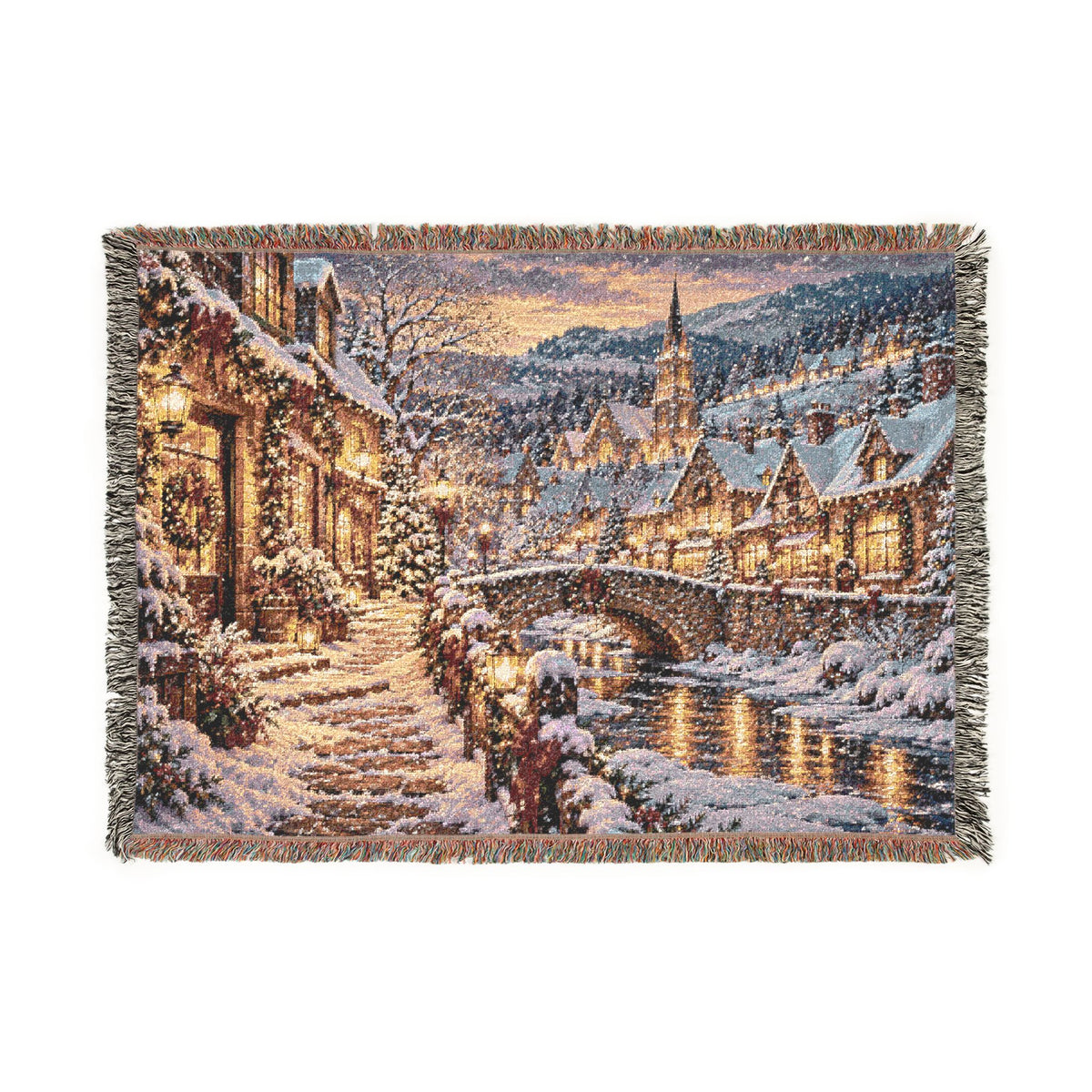 Snowy Alpine Village at Night Woven Blanket