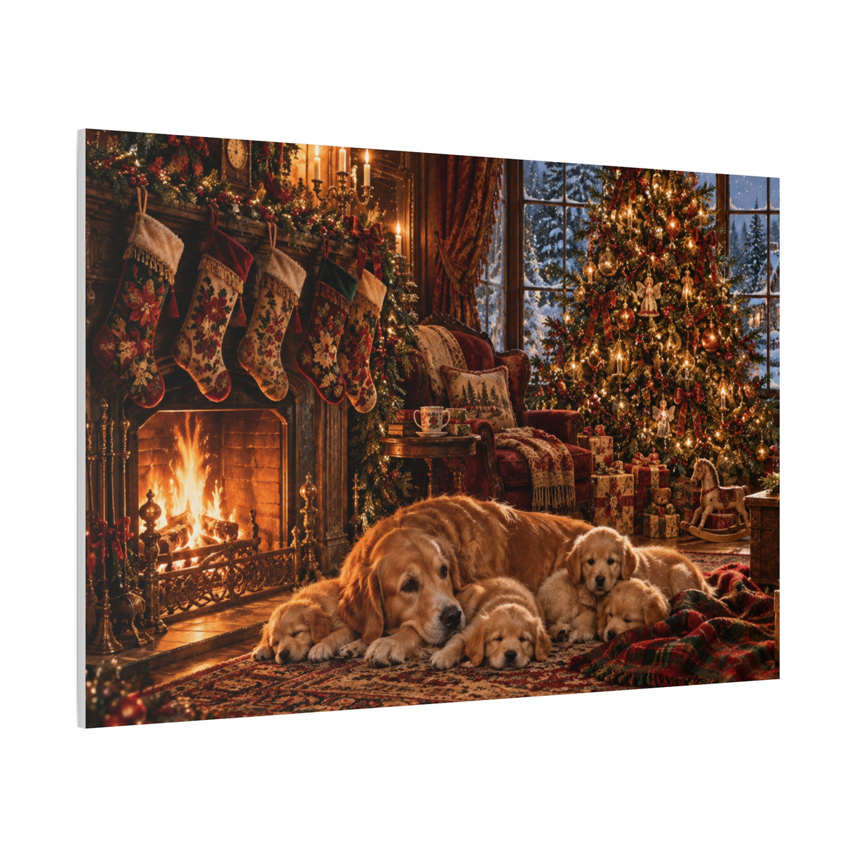 Cozy Christmas Dogs by the Fireplace Canvas Wall Art
