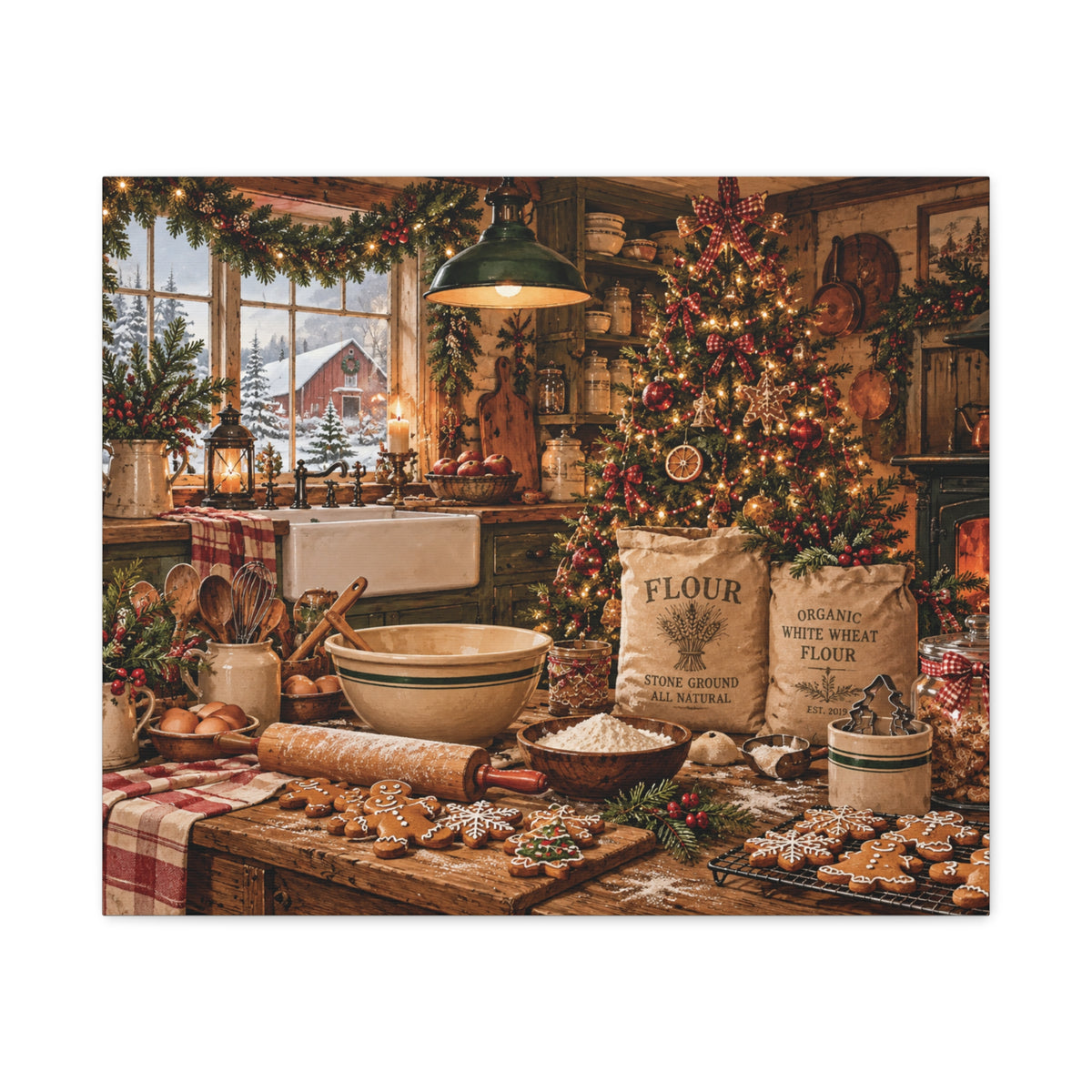 Christmas Kitchen Canvas Wall Art — Cozy Holiday Baking Scene, Rustic Farmhouse Holiday Decor