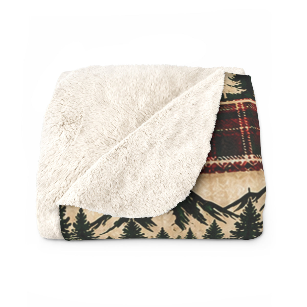 Rustic Lodge Sherpa Blanket — Cabin Plaid with Moose, Bears & Pine Trees