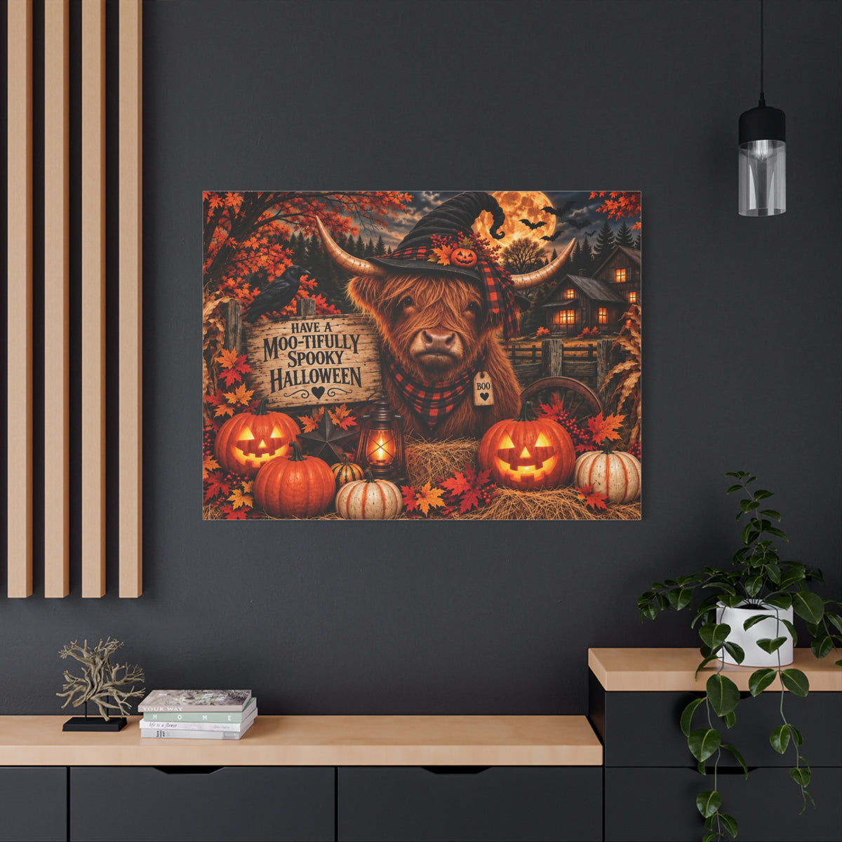 Halloween Highland Cow Canvas – "Have a Moo-tifully Spooky Halloween" Matte Stretched Wall Art