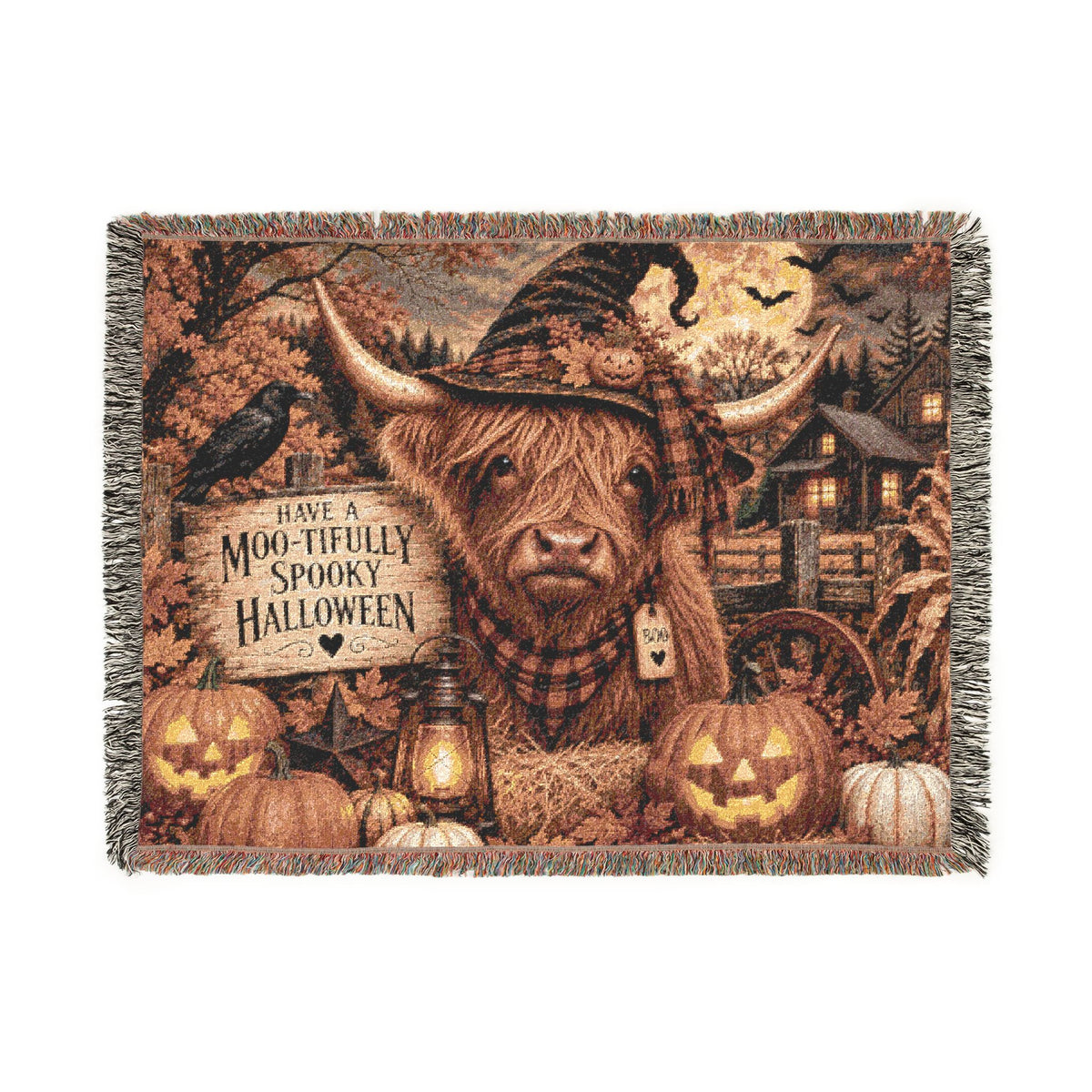 Highland Cow Witch Woven Blanket | Halloween Pumpkin Farm Throw