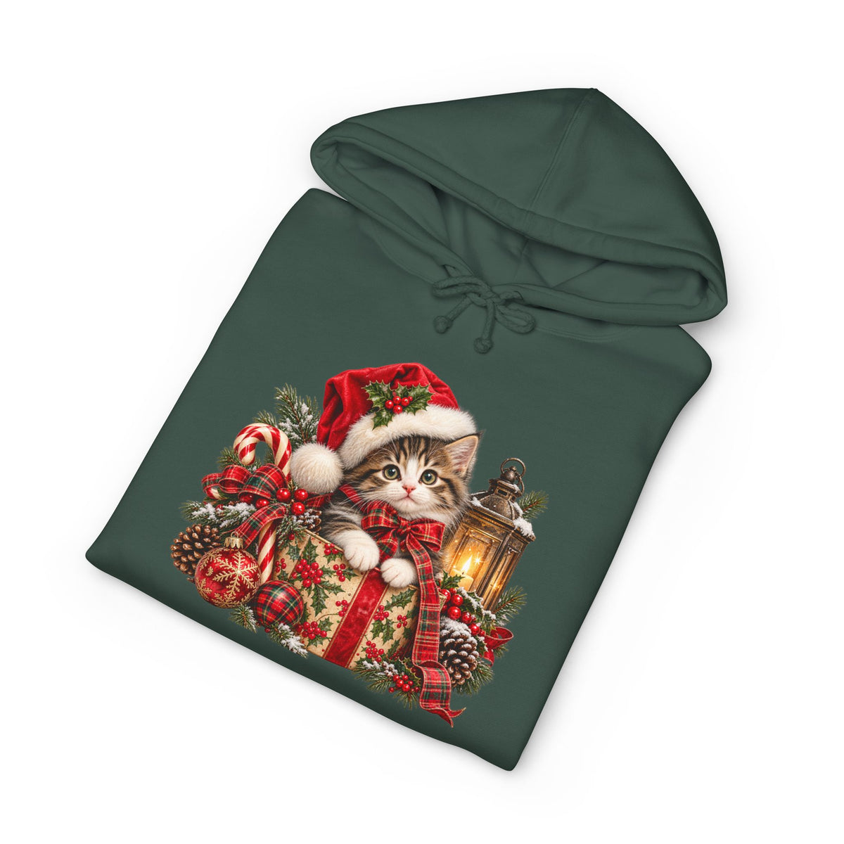 Christmas Cat Hoodie – Cute Kitten in Santa Hat with Lantern Holiday Sweatshirt