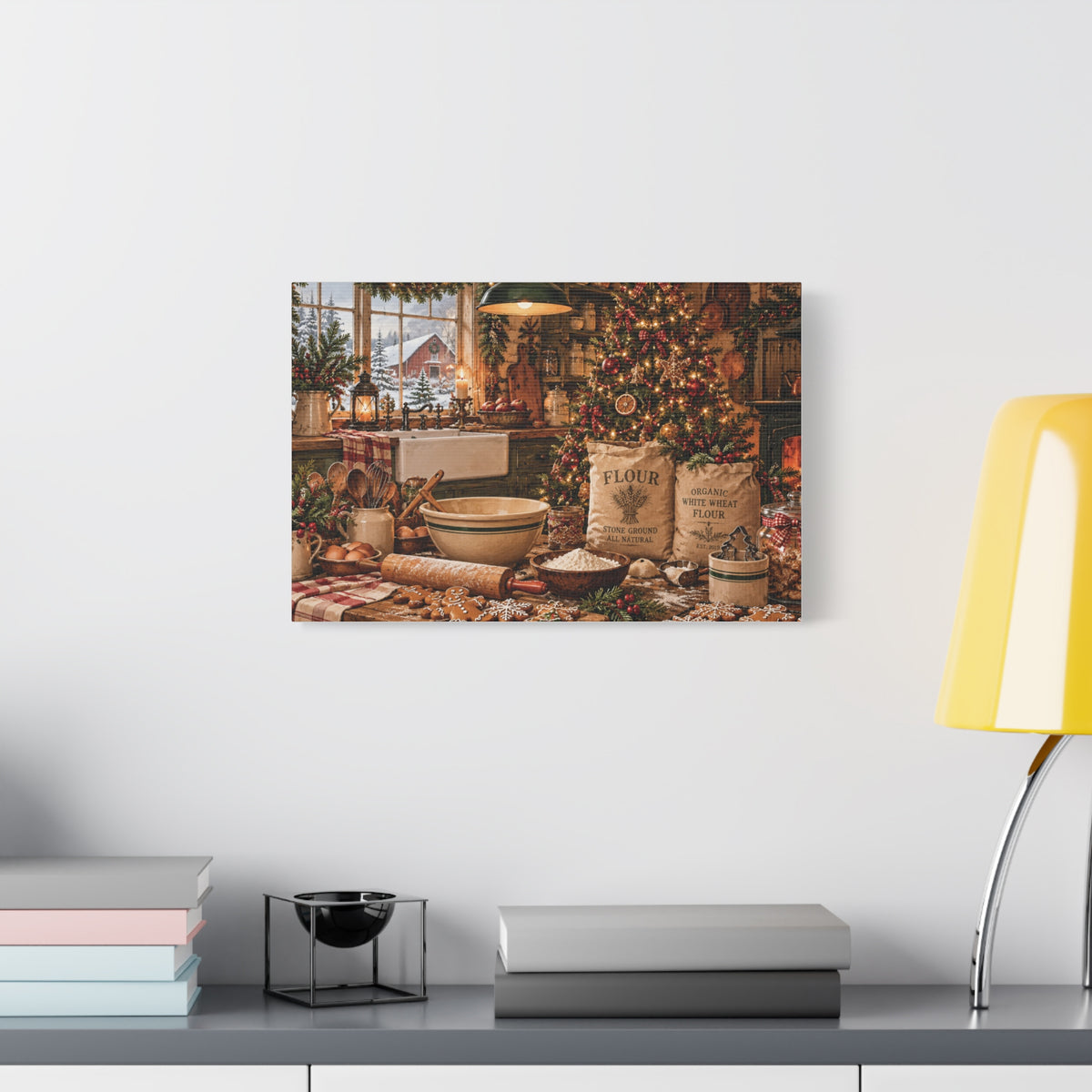 Christmas Kitchen Canvas Wall Art — Cozy Holiday Baking Scene, Rustic Farmhouse Holiday Decor