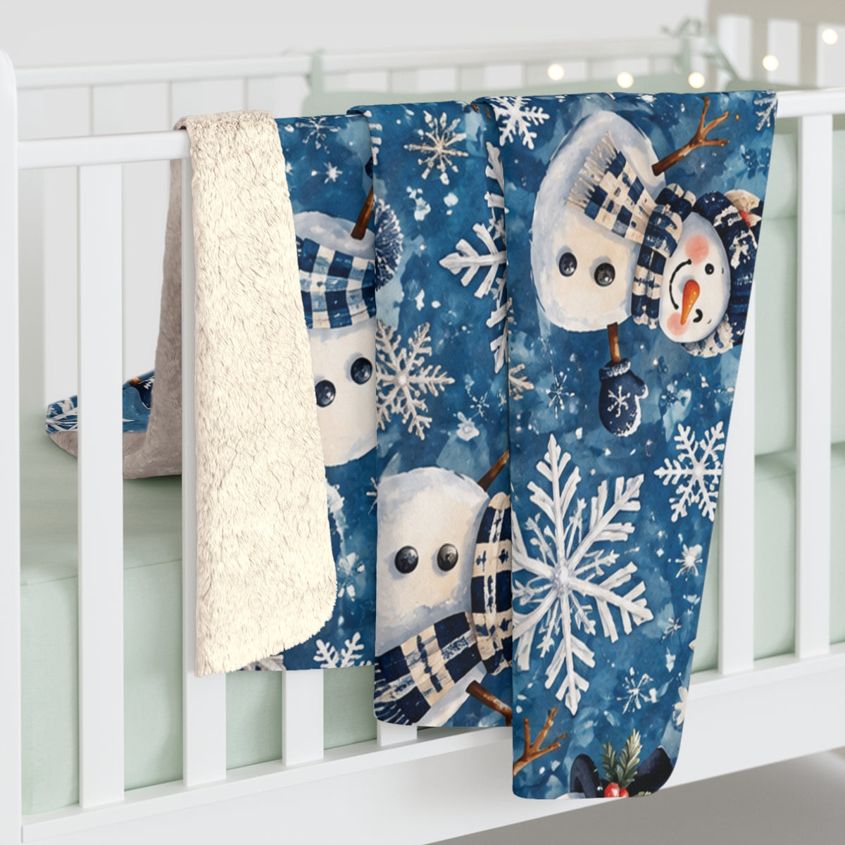 Snowman Sherpa Blanket — Cozy Blue Snowflake Fleece Throw for Winter & Holidays